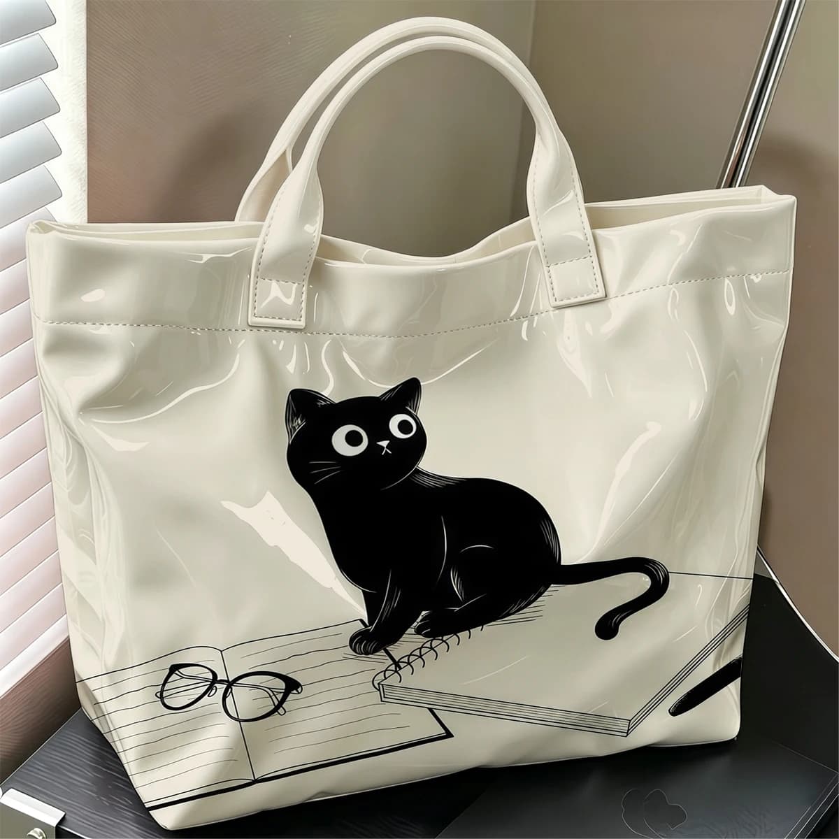 Book Cat Cute Large Glossy PVC Tote Bag Hand Washable Lightweight Soft Great for Travel Commute Makeup Storage Handbags