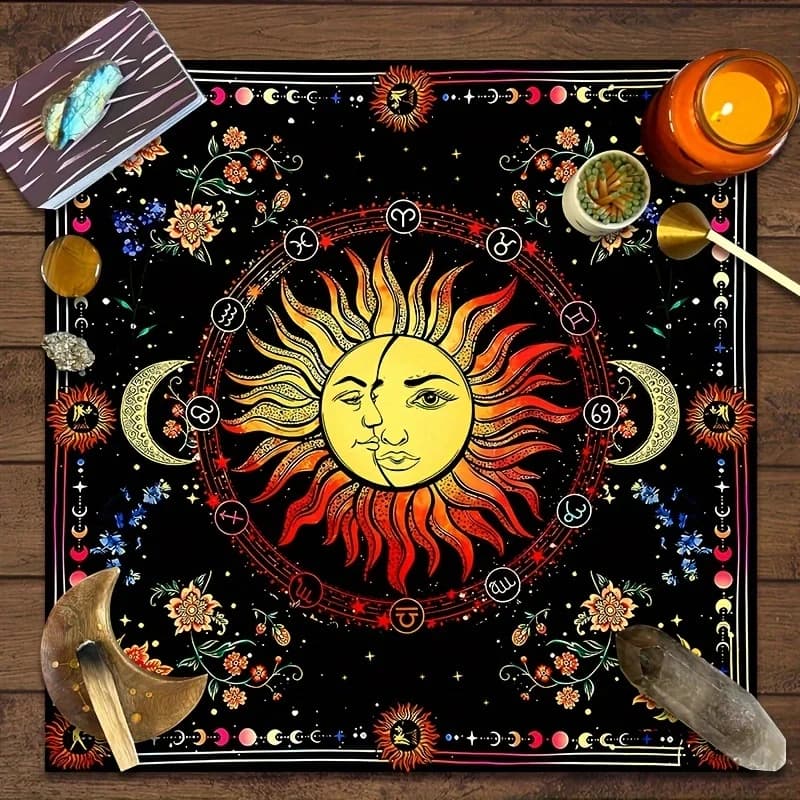 1 pz Tappeto da Tavolo per Carte Oracolo e Tarocchi, Tappetino in Poliestere per Divinazione Astrologica Sole Luna, Decorazione Altare Magico Non Elettrico
