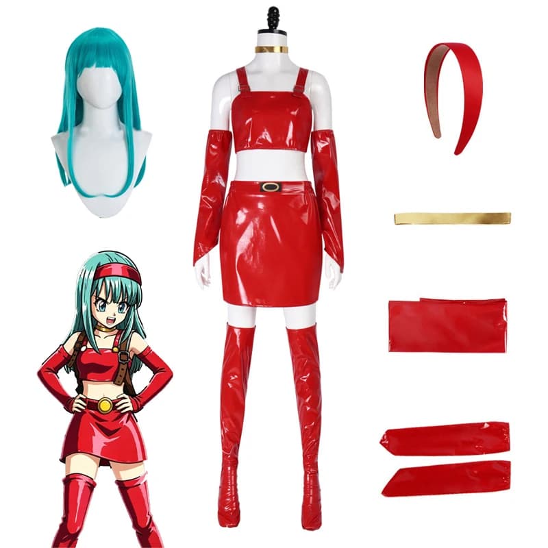DBZ Bulma Cosplay Costume Wig Red PU Faux Leather Outfit Crop Top Mini Skirt Arm Warmers Thigh Stockings for Halloween Comic Con
