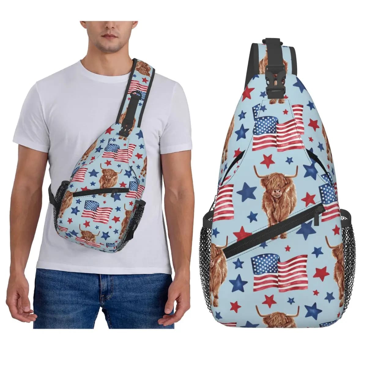 USA Highland Cow floreale sulla bandiera americana stelle e strisce borsa da petto da uomo zaino a tracolla borsa da petto borsa a tracolla zaino