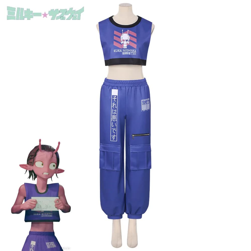 Lattiginoso ☆ Subway: The Galactic Limited Express Kanata Iwao Costume da cosplay Set di top e pantaloni blu Costume per feste di Halloween