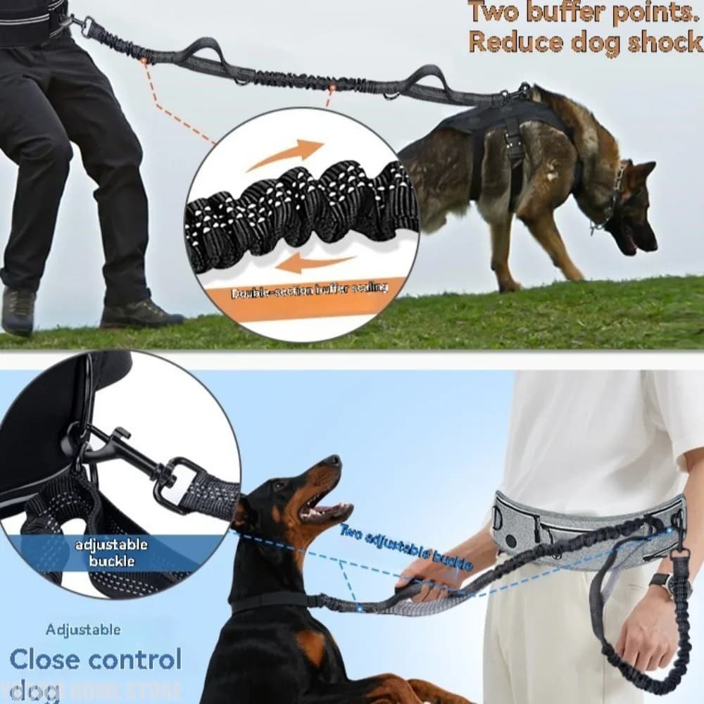 Guinzaglio per cani da vita a mani libere, guinzaglio da corsa con cerniera, marsupio per passeggiate con il cane, maniglie doppie imbottite riflettenti