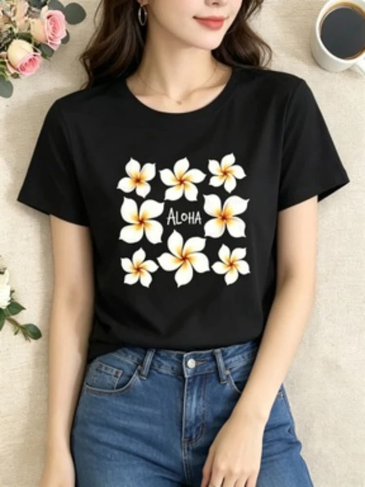 T-shirt da donna Aloha con stampa floreale Plumeria, manica corta, girocollo, casual, nera, estiva, streetwear, per tutti i giorni