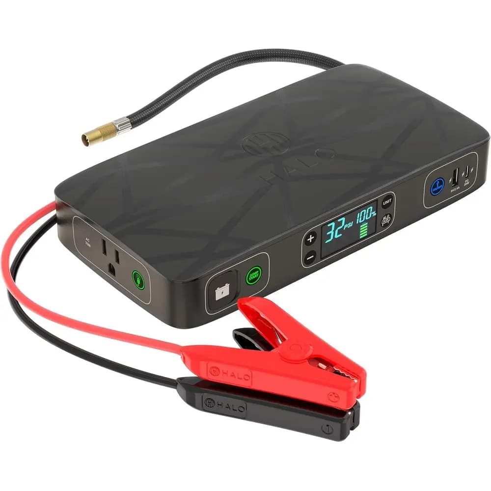 Avviatore d'Emergenza Portatile per Auto con Compressore d'Aria da 130 PSI, Power Bank da 55,5 Wh, Presa AC, Luce di Emergenza e Gonfiatore Pneumatici - Nero