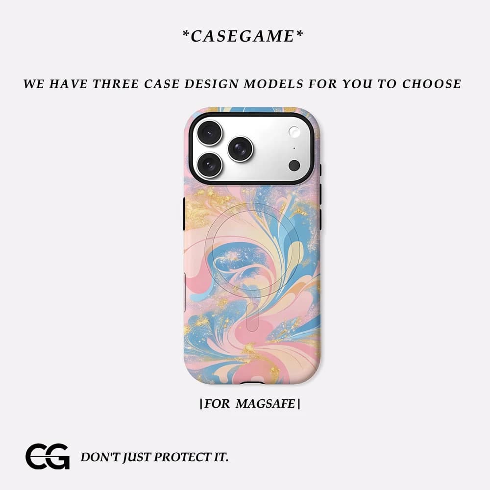 Casegame Cover Opaca Antiurto per iPhone 17 16 15 14 Plus 13 Pro Max con Bumper per MagSafe, in PC Rigido, Effetto Girevole Rosa Blu Oro