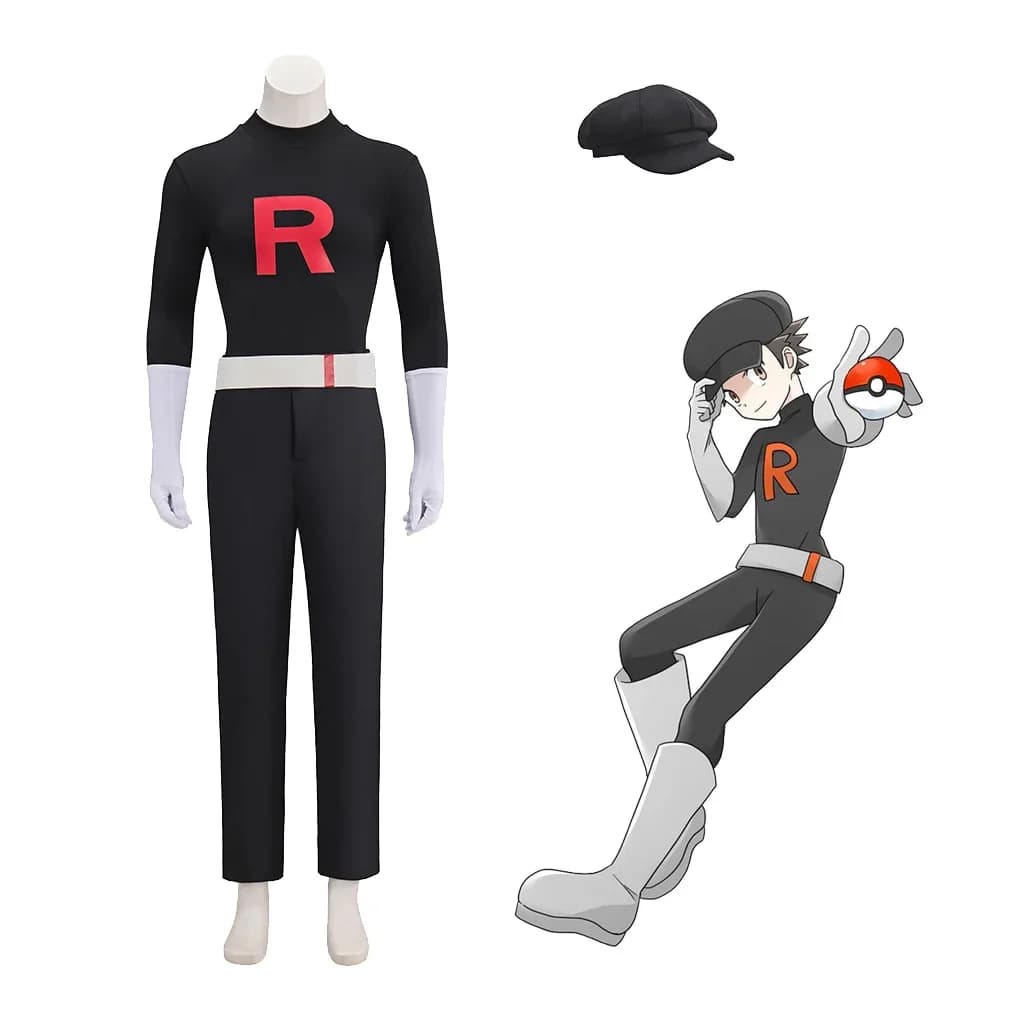 Anime Game Cosplay Men's Team Rocket Grunt Red Cosplay Costumes Black Outfits With Hat Halloween Carnival Party Uniform