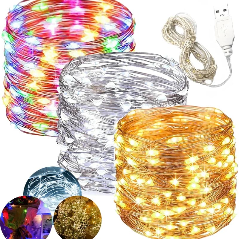 Luci a stringa LED USB con filo in rame e argento, luci fatate impermeabili per decorazioni natalizie, matrimoni ed esterni