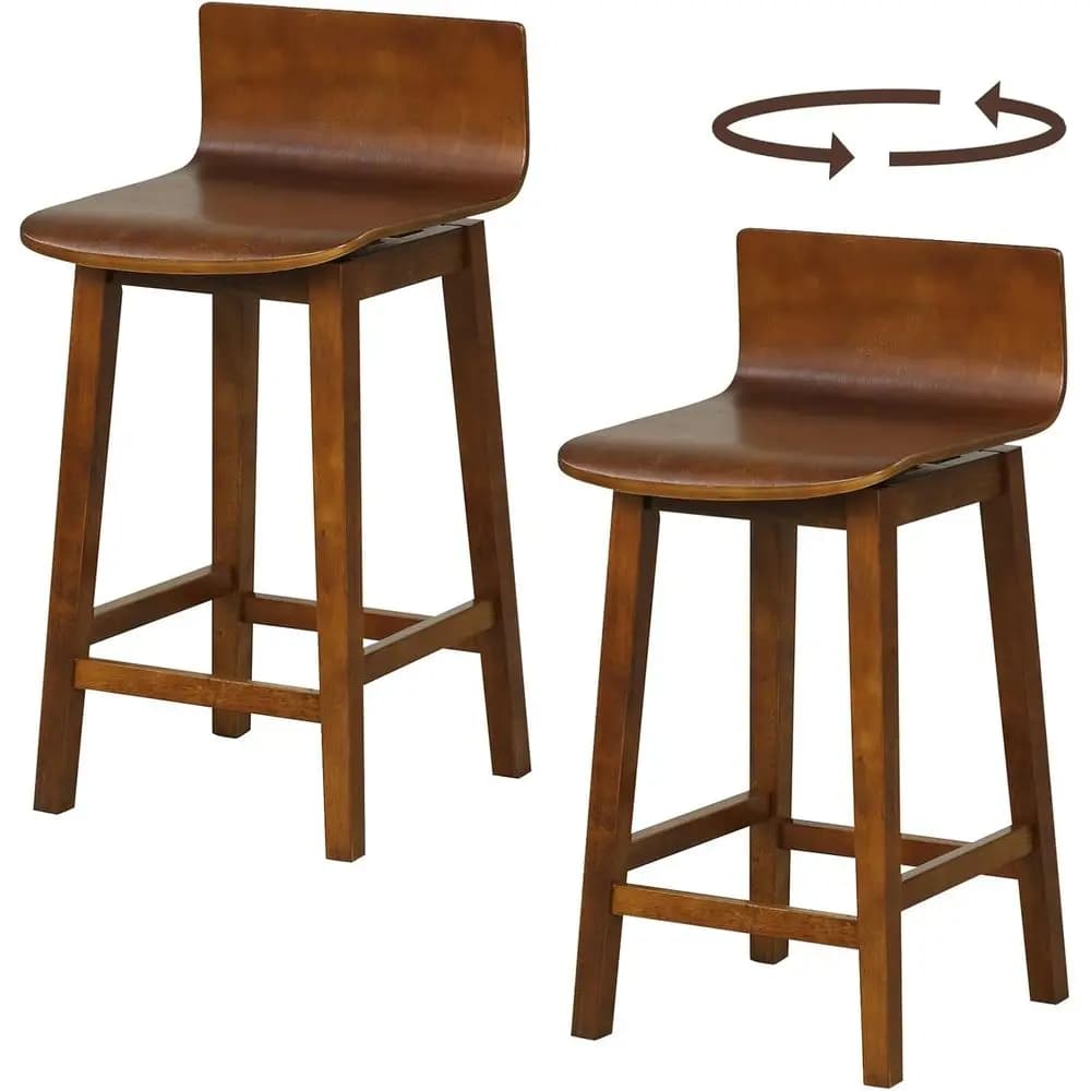 Set di 2 Sgabelli da Bar in Legno Massello, Altezza 24.5 Pollici, Schienale Basso, Poggiapiedi, Finitura Noce per Isola Cucina, Sala da Pranzo, Colazione