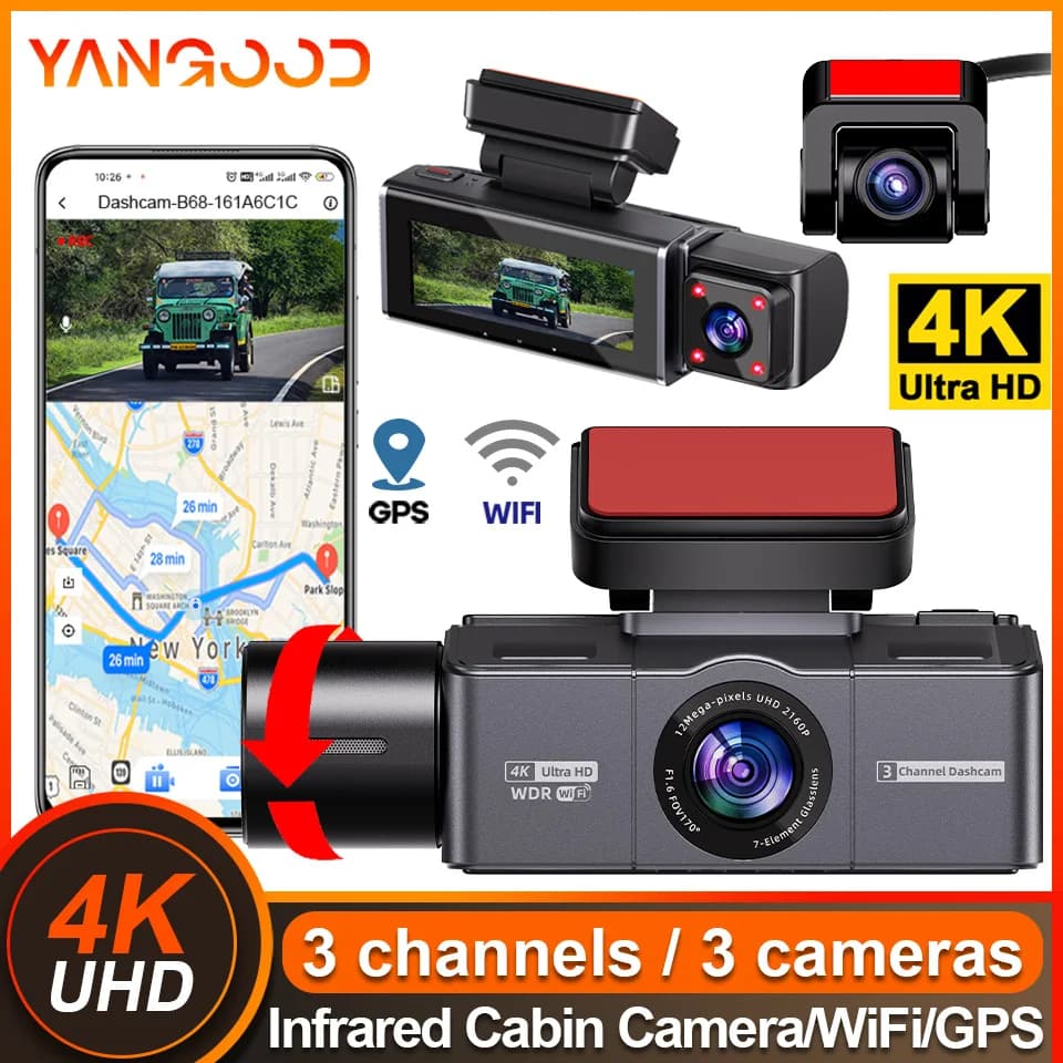 Yangood Dashcam montato su auto 3 telecamere 4K WiFi completo registratore GPS video posteriore opzionale telecamera 1080P monitoraggio parcheggio 24 ore
