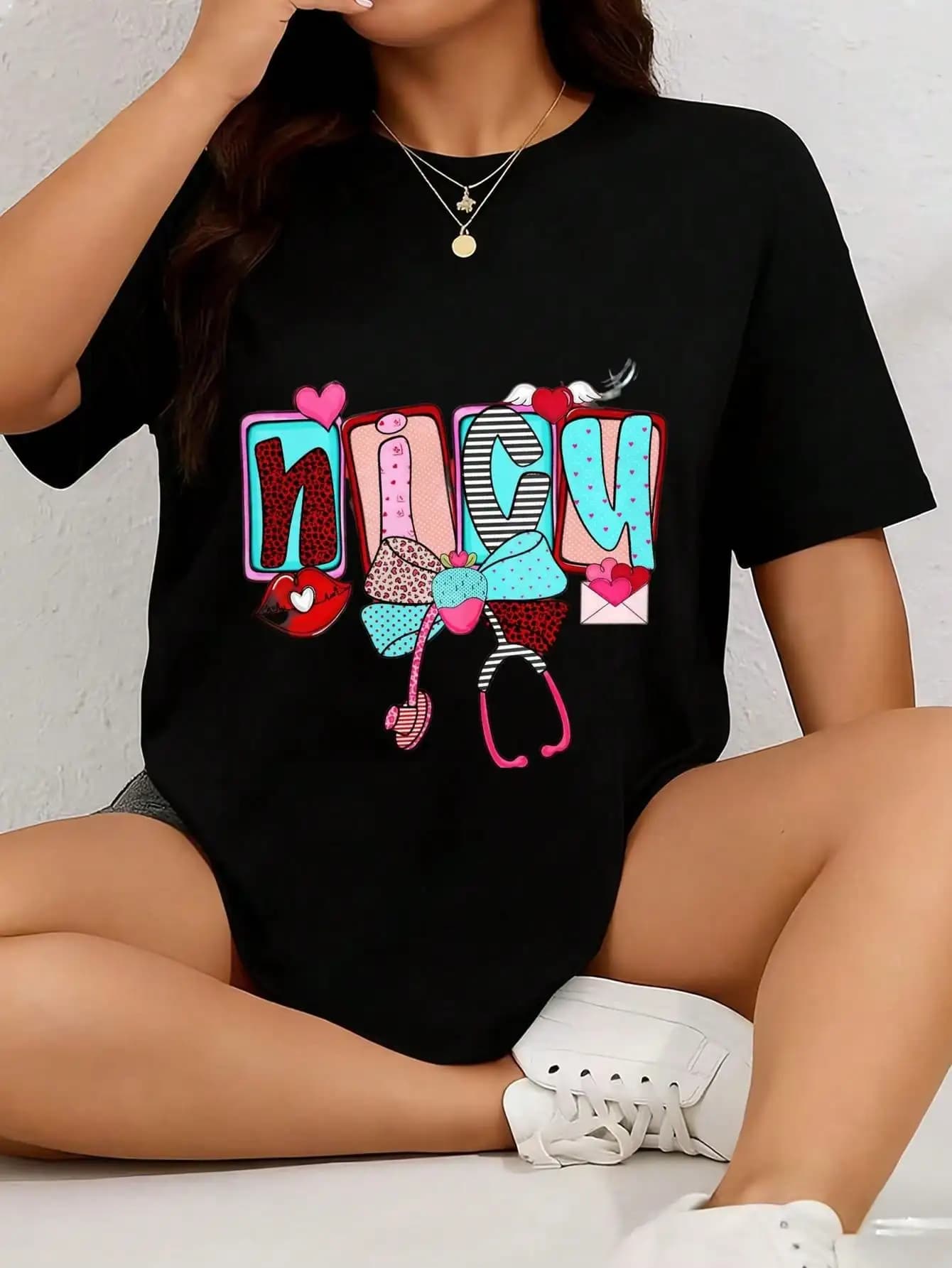 Black T-Shirt With Colorful 'MAGIC' Letter Print, Heart And Key Graphics