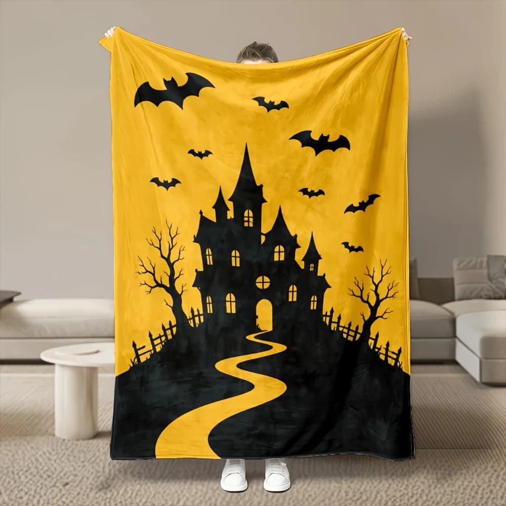 1pc Halloween Haunted House Silhouette Print 280GSM Flannel Throw Blanket, Ultra Soft Warm Cozy, Multi-Size, Machine Washable, Bedroom Sofa Office Dorm Car Travel Winter Gift