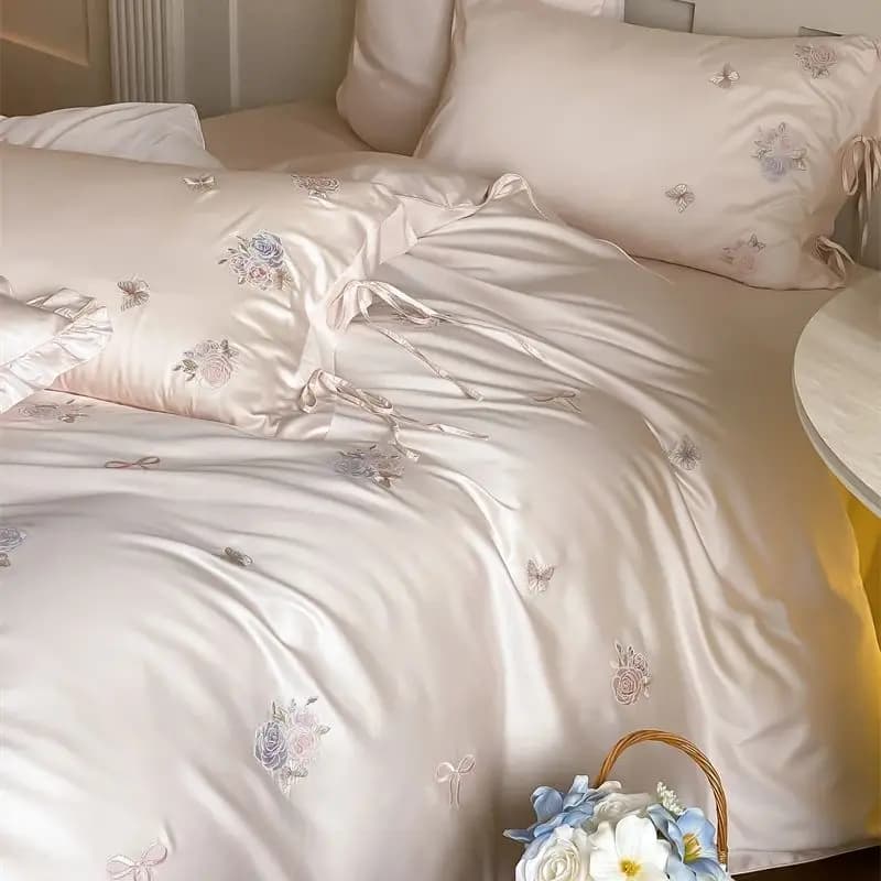 Set of princess bed linen with butterfly embroidered laces with pink flowers, cotton cover Lyocell, flat/with corners, pillowcase, 4 pieces