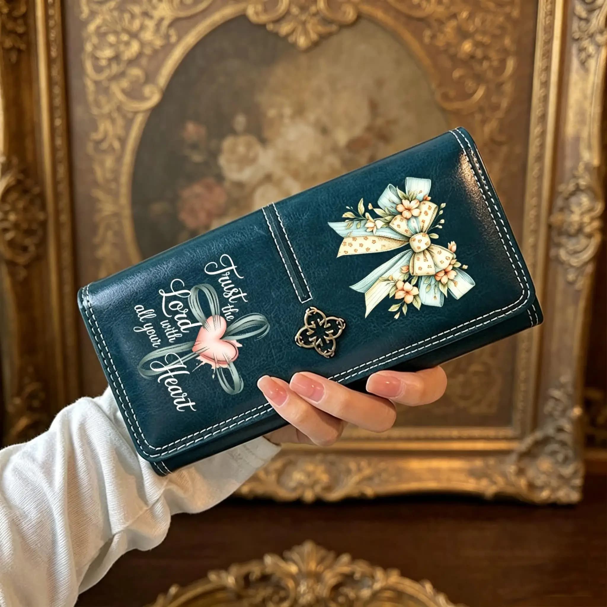 Portafoglio Lungo in Pelle con Cuore Incrociato, Citazione sulla Fede, Fiore e Fiocco, Porta Carte e Monete con Cerniera, Borsa da Donna