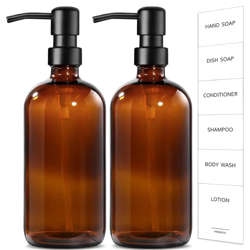 Dispenser di sapone in vetro ambrato, dispenser di sapone per le mani da cucina/bagno da 2 pezzi da 17 once con pompa in acciaio inossidabile, dispenser di sapone vuoti
