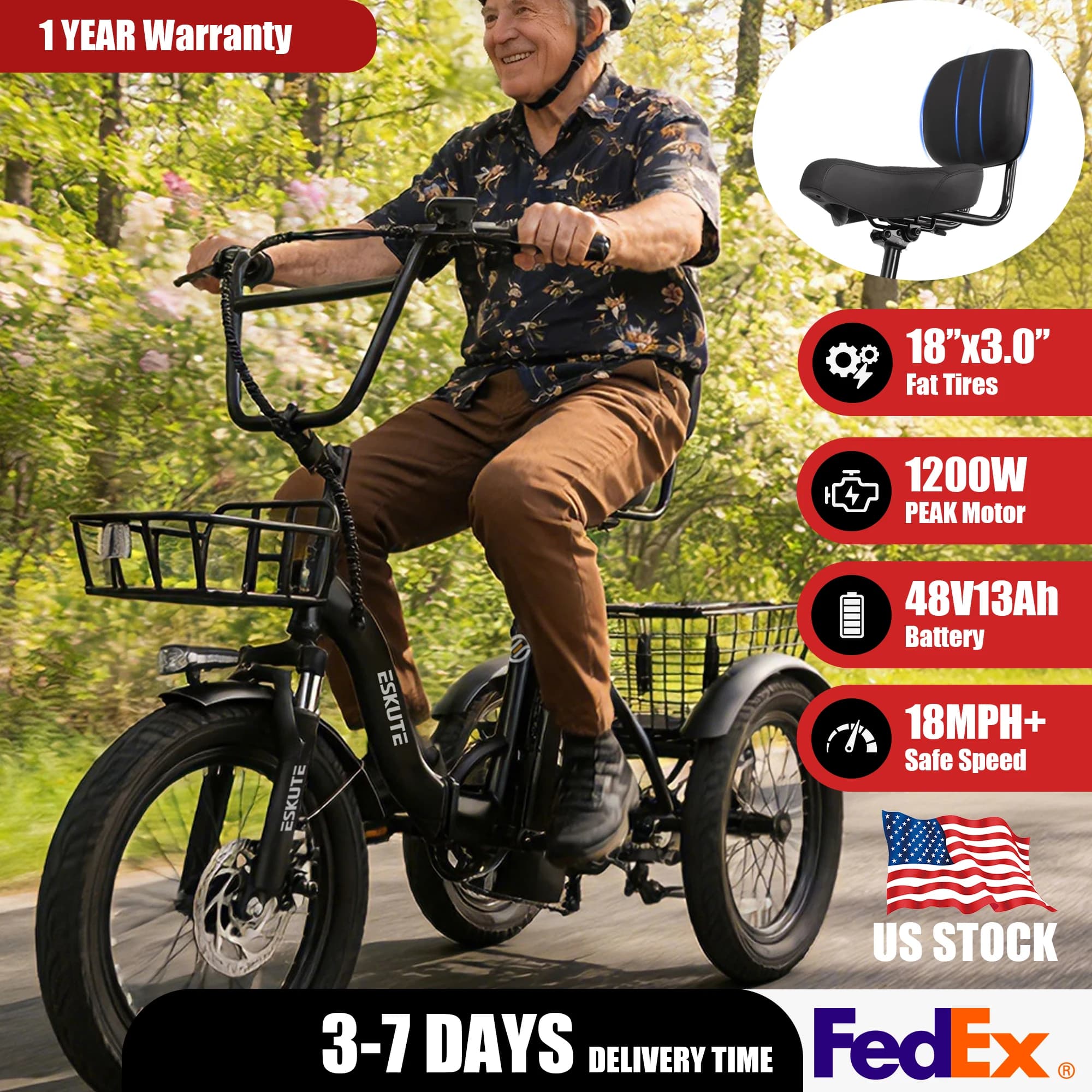 ESKUTE T300 Triciclo Elettrico per Adulti, Batteria da 624Wh, Motore da 1200W di Potenza Massima, Pneumatici Fat da 18"x3.0", E-Bike Pieghevole a 3 Ruote