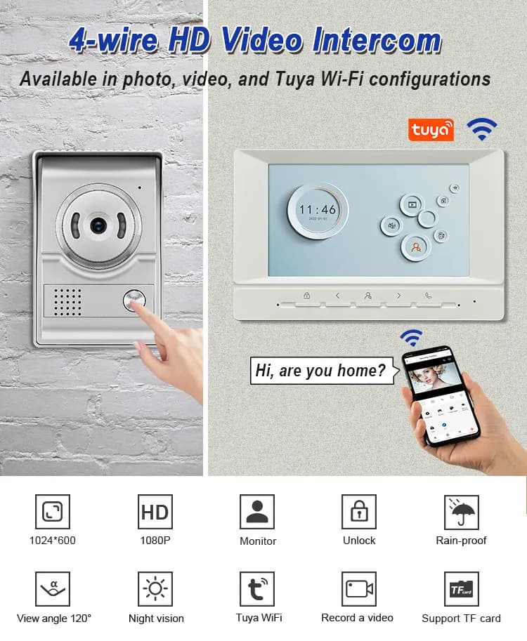 Tuya APP Schermo IPS da 7 pollici cablato AHD WIFI Videocitofono Citofono Campanello visivo Foto e video Telecamera per visore porta di sicurezza domestica