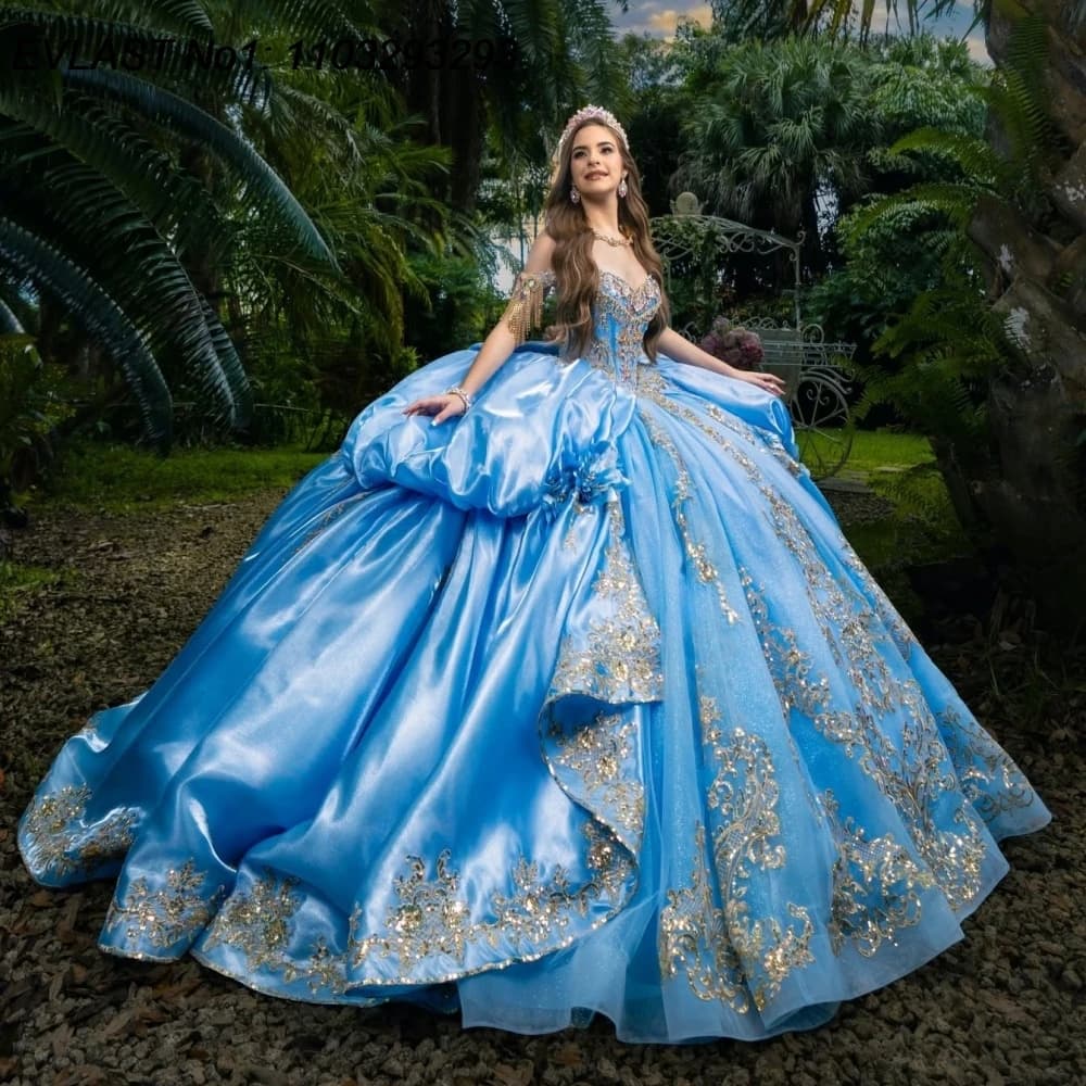 EVLAST Customized Luxury Sky Blue Quinceanera Dress Ball Gown Crystals Gold Lace Applique Sweet 16 Vestidos De 15 Anos AQ850