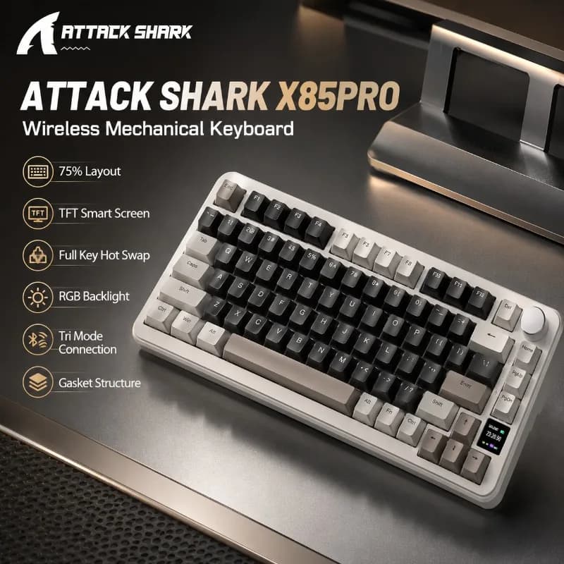 ATTACK SHARK X85PRO Wireless Mechanical Keyboard 75 Percent Tri Mode TFT Screen RGB Hot Swappable Gasket Knob for PC Gaming