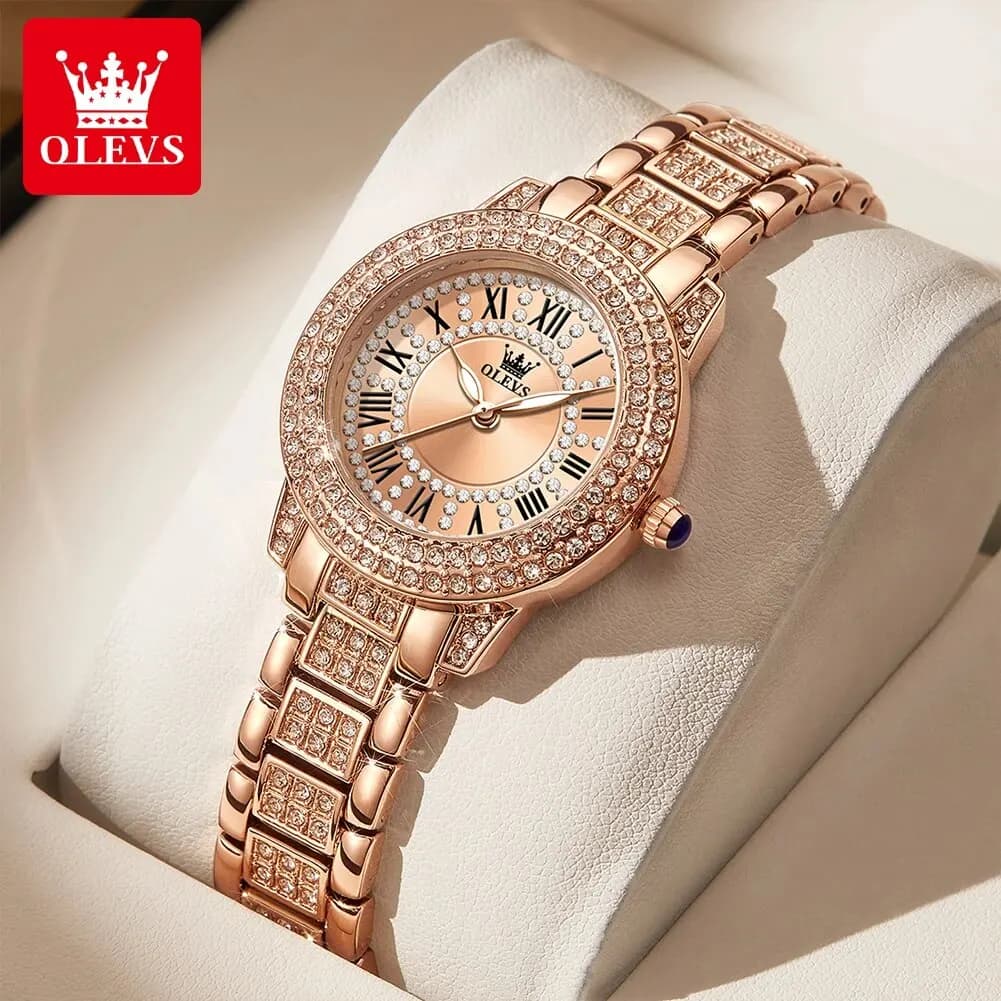 OLEVS 9943 Luxury original quartz watch with all diamonds for woman Elegant stainless steel pink gold waterproof women's wristwatch