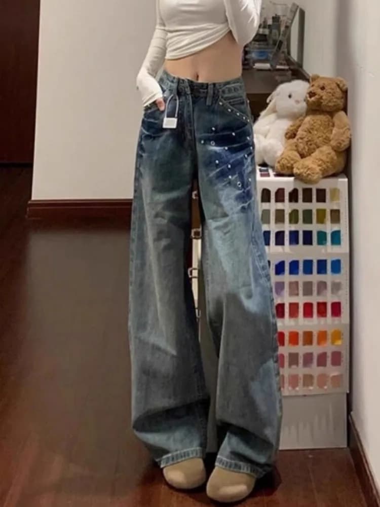 Y2K Rhinestone Studded Wide Leg Jeans Women American Retro Baggy Washed Blue Denim Pants Casual High Street Fashion Trousers