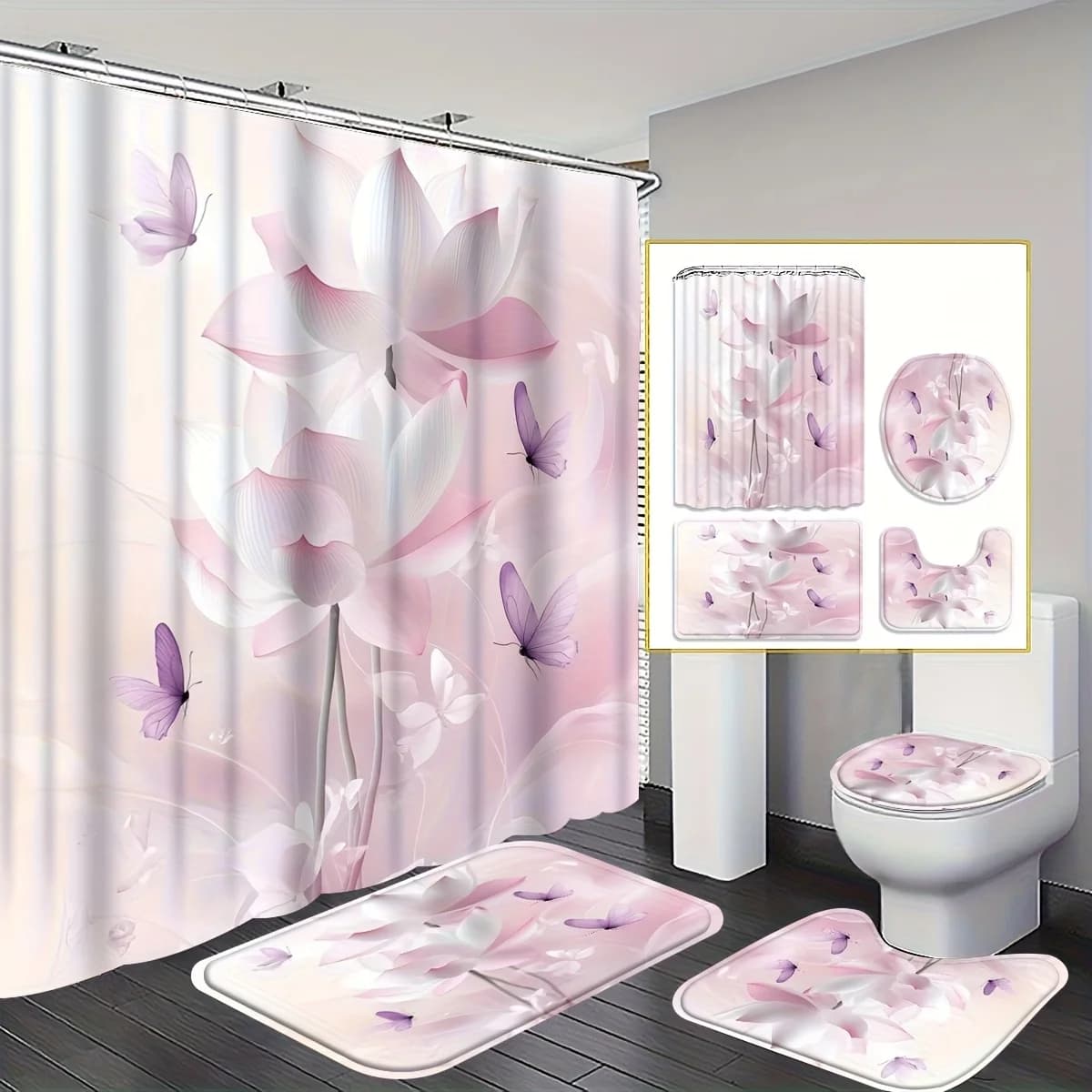 Set da bagno modello Lotus, include tenda da doccia, tappetino da bagno, tappetino a U e copriwater, con ganci.