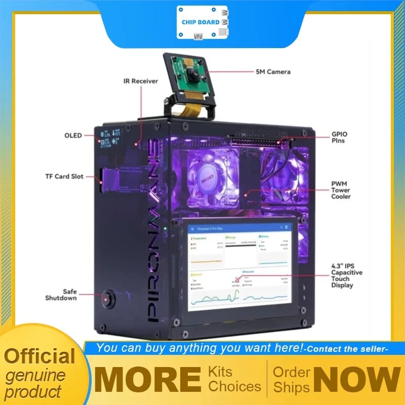 Pironman 5 Pro Max Case for Raspberry Pi 5 with 4.3 inch touchscreen, camera support, speakers and USB microphone