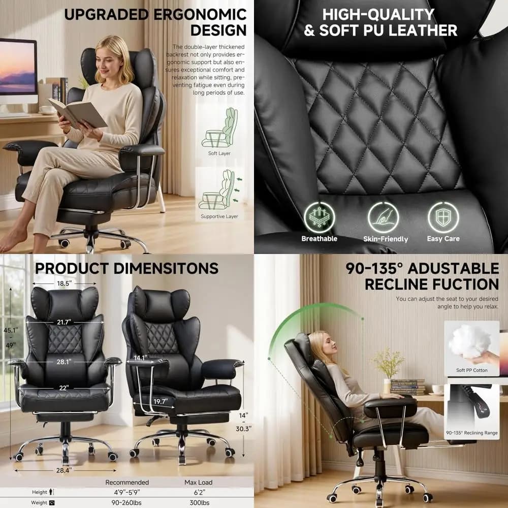 Ergonomic High-Back Leather Gaming Chair with Footrest and Adjustable Armrests