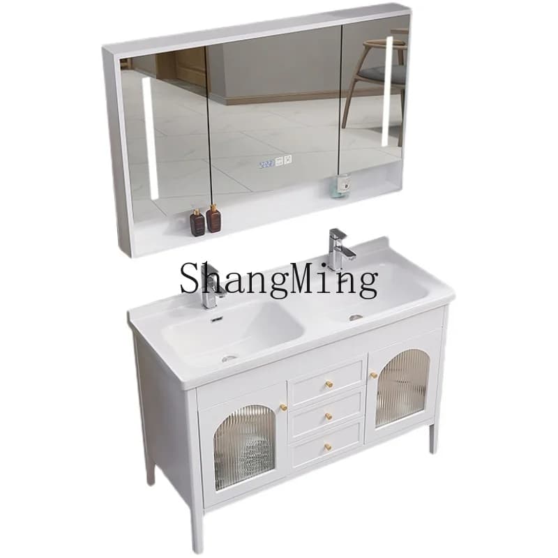 ZYY moderno semplice specchio da bagno con doppio lavabo in rovere combinazione integrazione in legno massello dal pavimento al soffitto