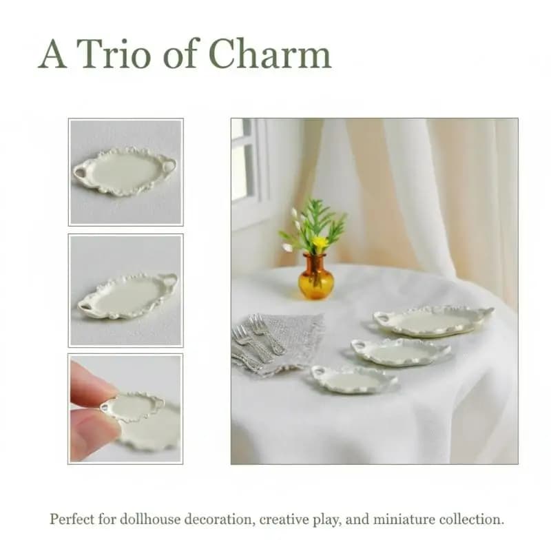 Set di 3 Piatti Miniatura a Doppio Manico per Casa delle Bambole, Piattini Ellittici per Dessert, Giocattoli per Cucina in Miniatura, Decorazioni per Casa delle Bambole