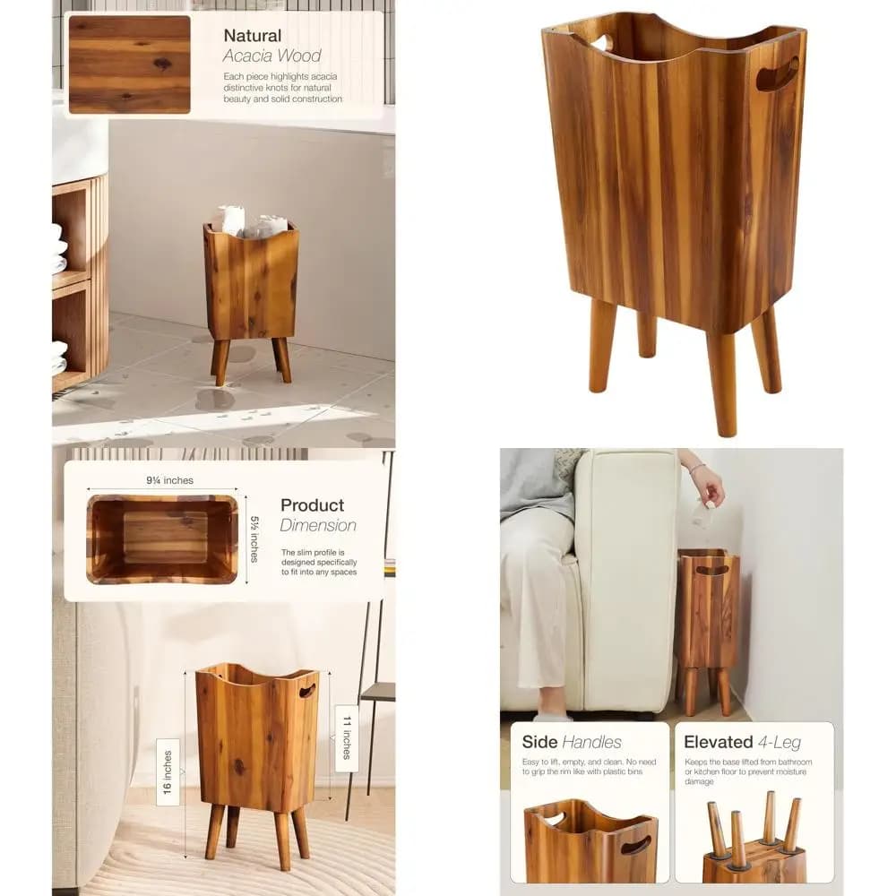 Bidone della spazzatura a 4 gambe in legno di acacia: piccolo cestino decorativo per casa e ufficio