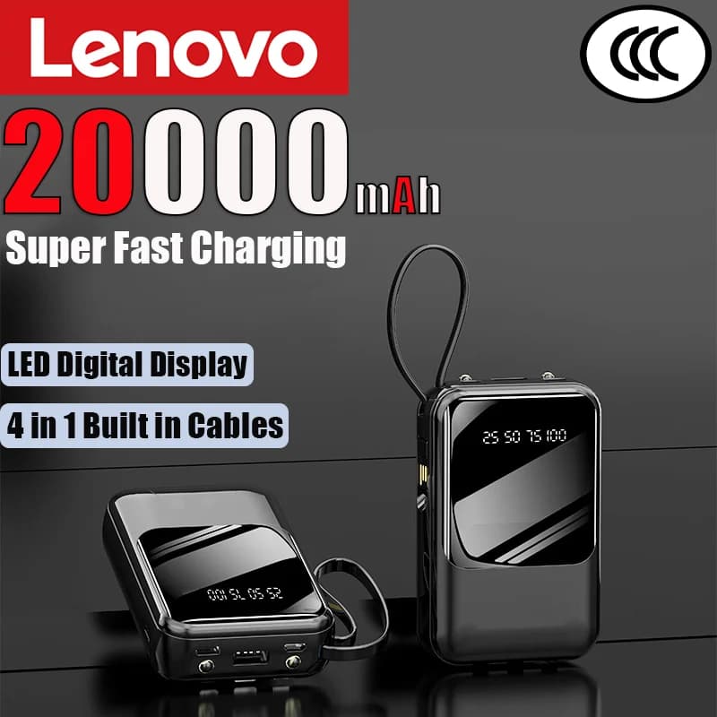Lenovo Mini 20000mAh Powerbank 20W Super Fast Charging 4 in 1 Built in Cables Power Bank for iPhone Samsung Huawei New