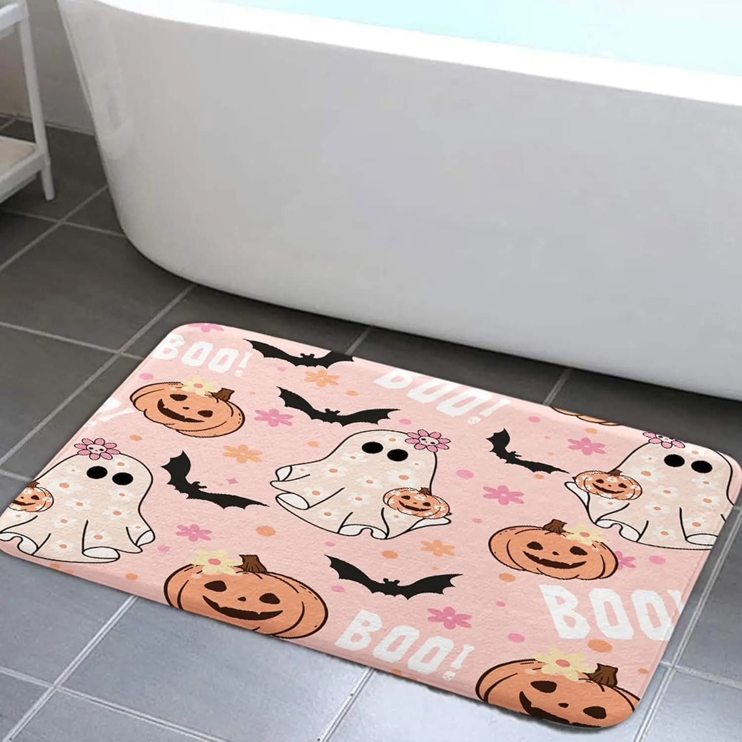Tappeti da bagno rosa per Halloween, simpatico cartone animato fantasma zucca pipistrello nero Boo tappeto da bagno in flanella antiscivolo, divertente tappetino da bagno spettrale di Halloween