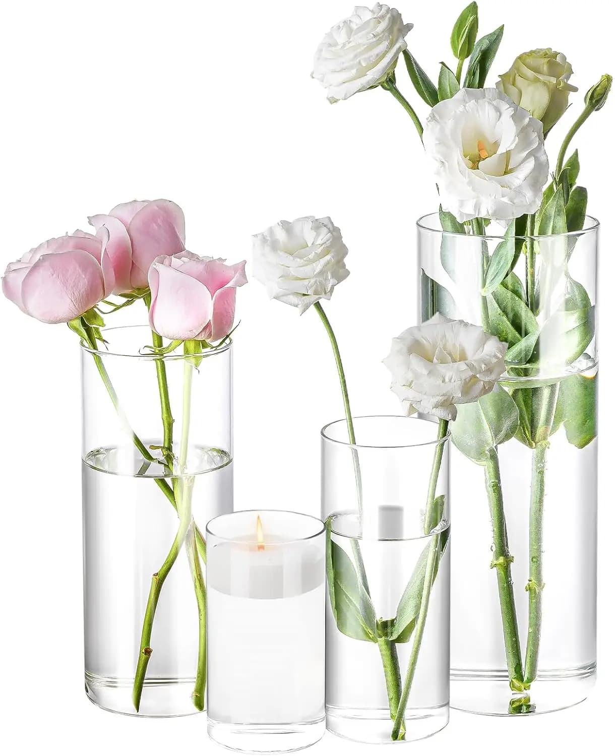 4 Pack Glass Cylinder Vases 4,6,8,10 Inch Tall Clear Flower Vase Hurricane Floating Candle Holder for Table Centerpiece Wedding