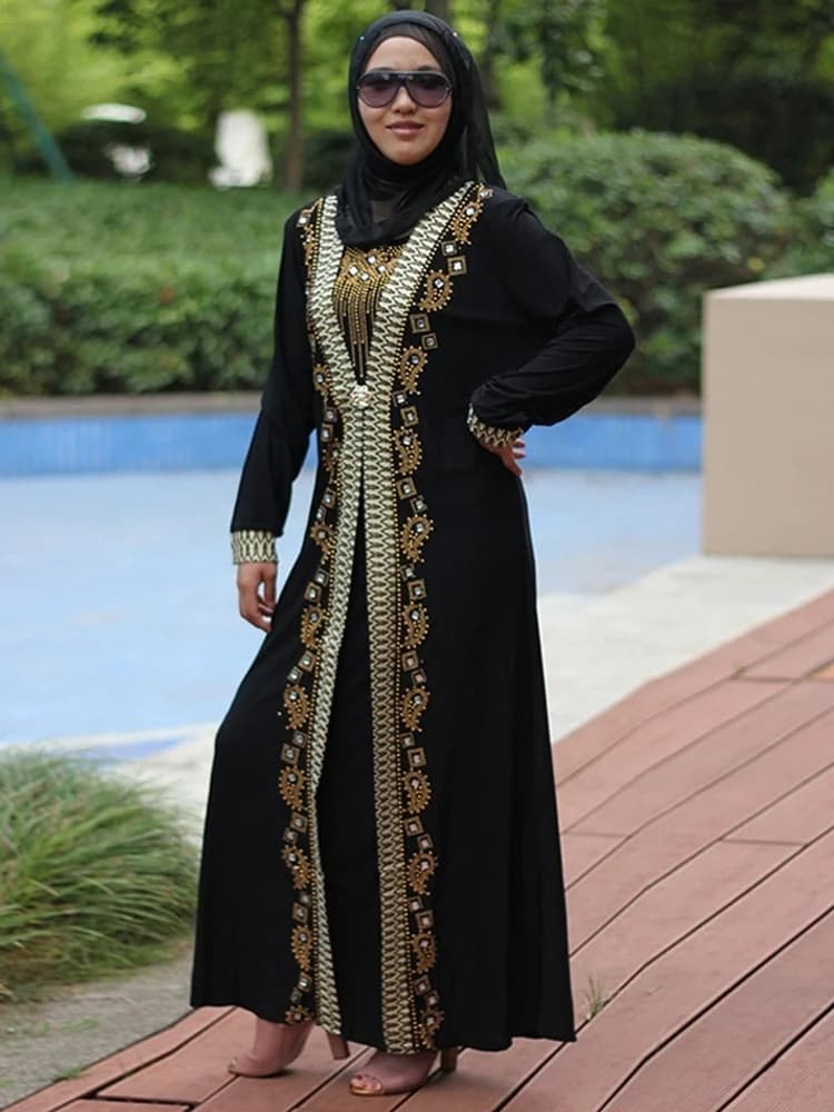 Dubai Arab Islam Abaya Women Muslim Long Dress Paillettes Beads Caftano Vestaglie Elegant Giunzione Maxi Dresses Islamic Clothing Caftano