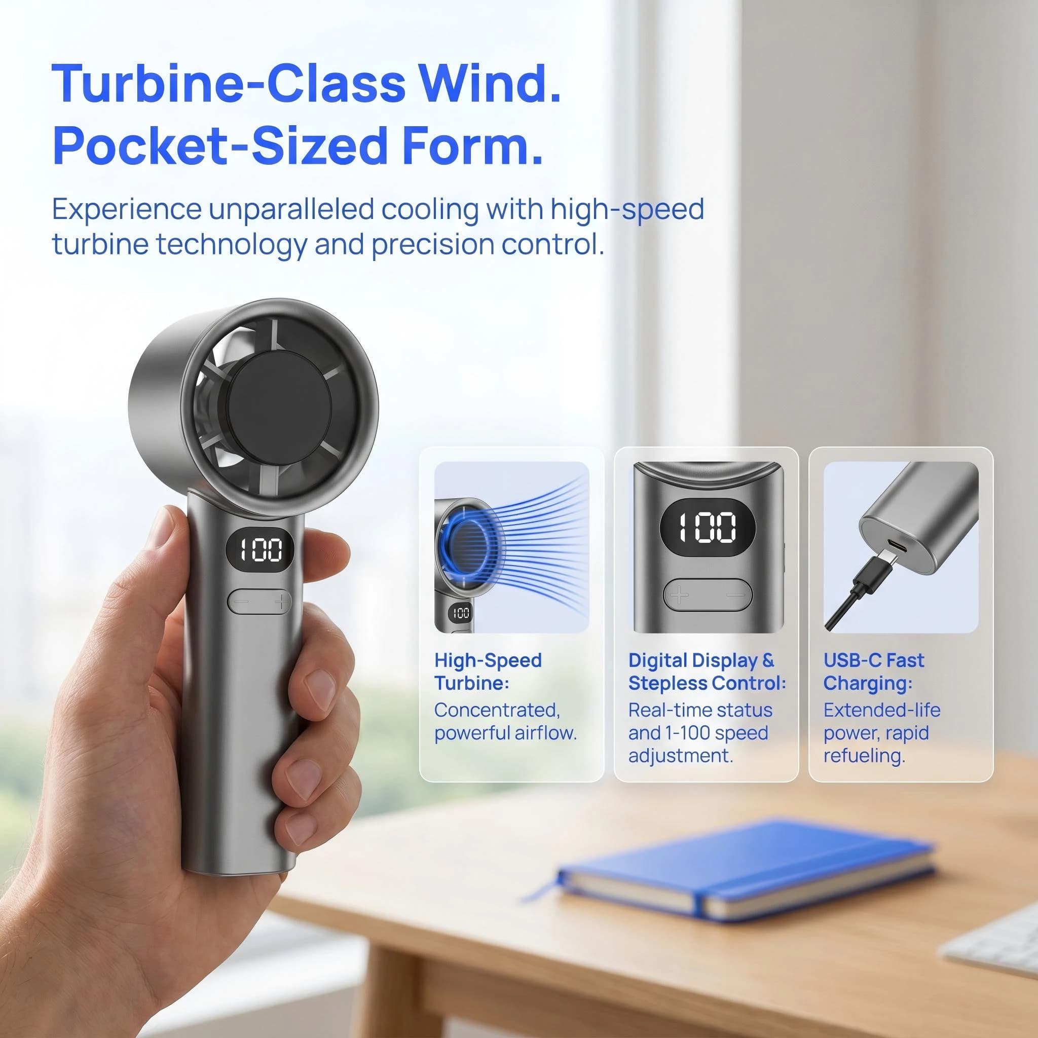 New Bladeless Mini Handheld Fan 100 Speed Adjustable Portable Rechargeable Desktop Cooling Fan Instant Ice Mode Personal Cooler