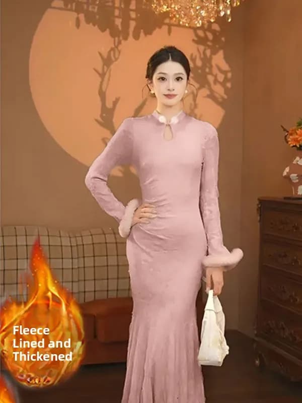 Thickened Fleece Long Sleeve Slimming Dress Elegant Autumn Winter New Style French Style High Waist A-Line Dress for Women