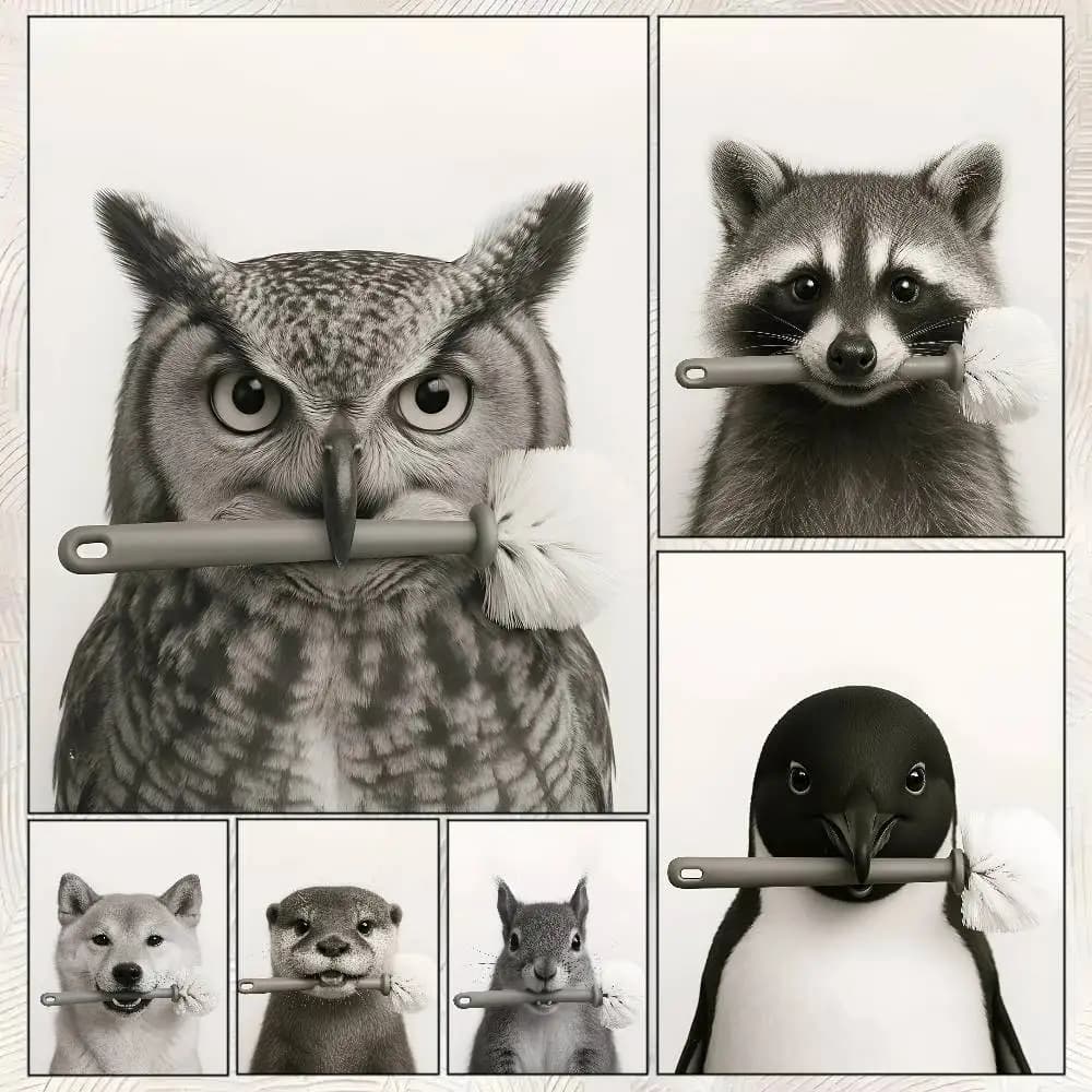 Black And White Animal Portrait With A Toilet Brush In Its Mouth Poster Self-adhesive Art Room Entrance Restaurant Wall Decor