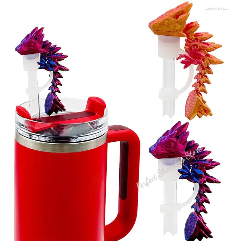 Tappo di copertura in paglia mini drago stampato in 3D, topper in paglia in silicone compatibile con accessori per tazze domestiche Stanley da 30 e 40 once