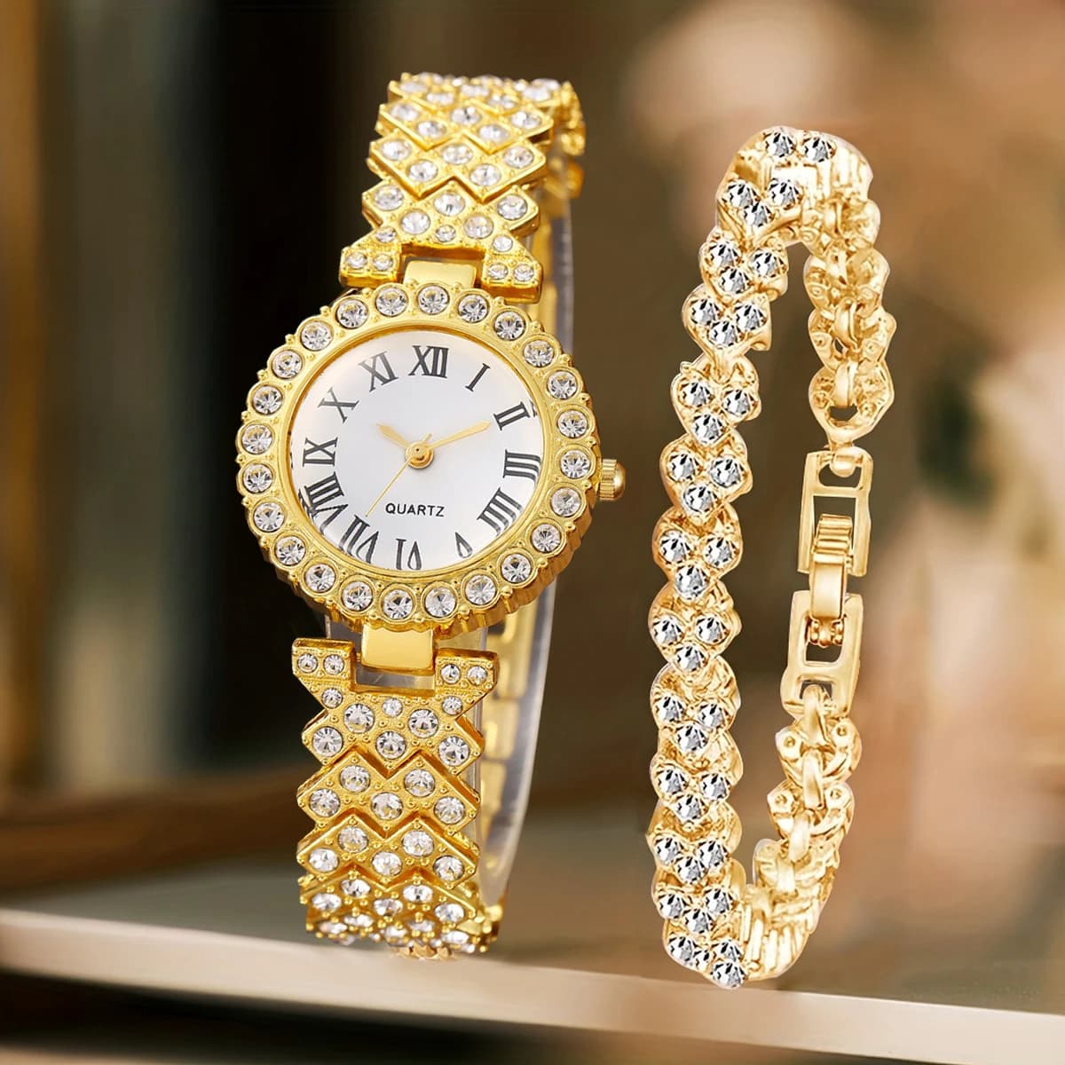 2PCS Fashion Rhinestone Women's Watch Bracelet Set Ladies Quartz Watches Reloj Mujer Girls Clock Gift（Without Box）
