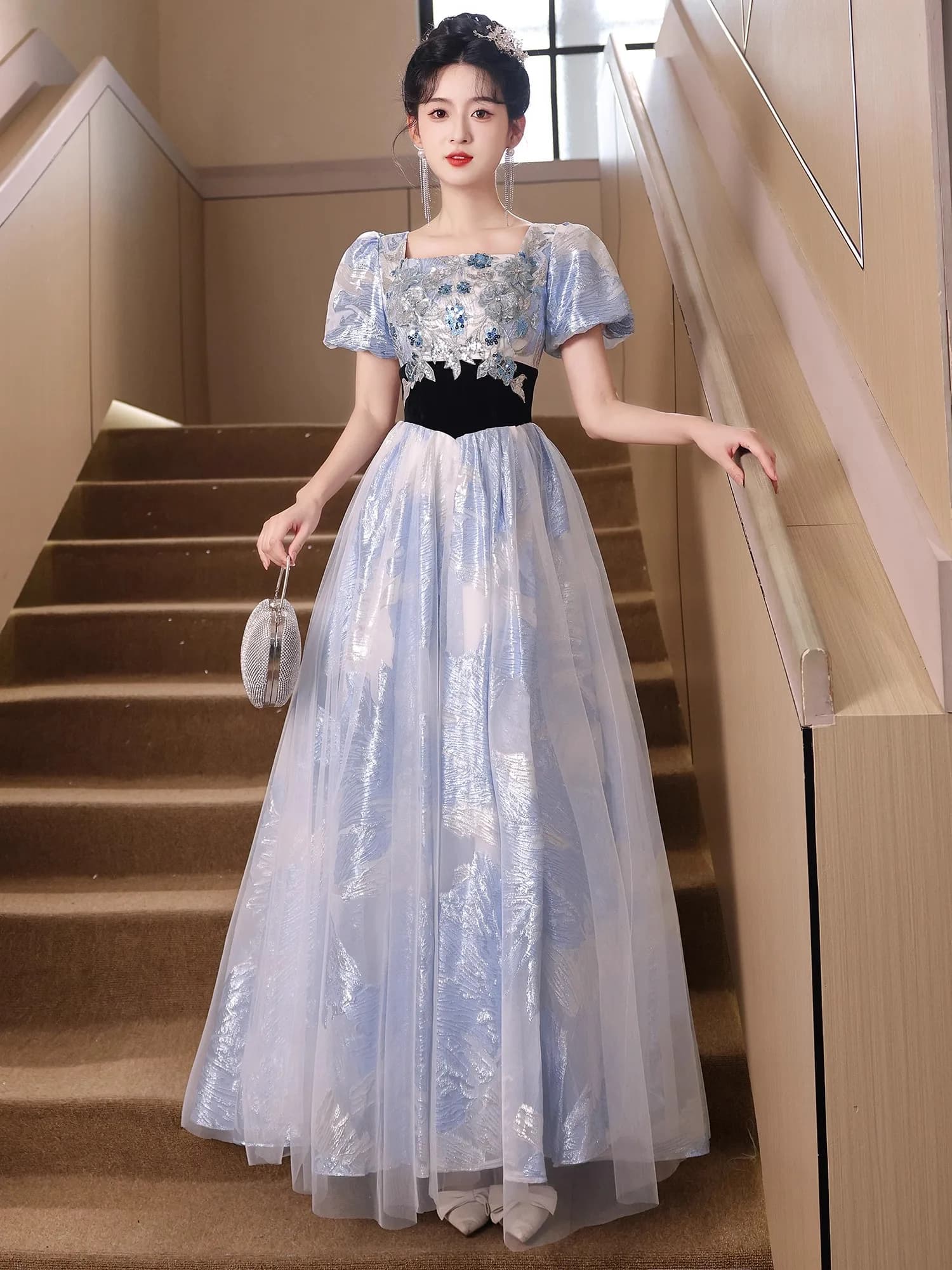 Abito da sera blu elegante e lussuoso per occasioni formali, da hostess, stile principessa, lungo, a vita media, in stile coreano, per esami artistici.