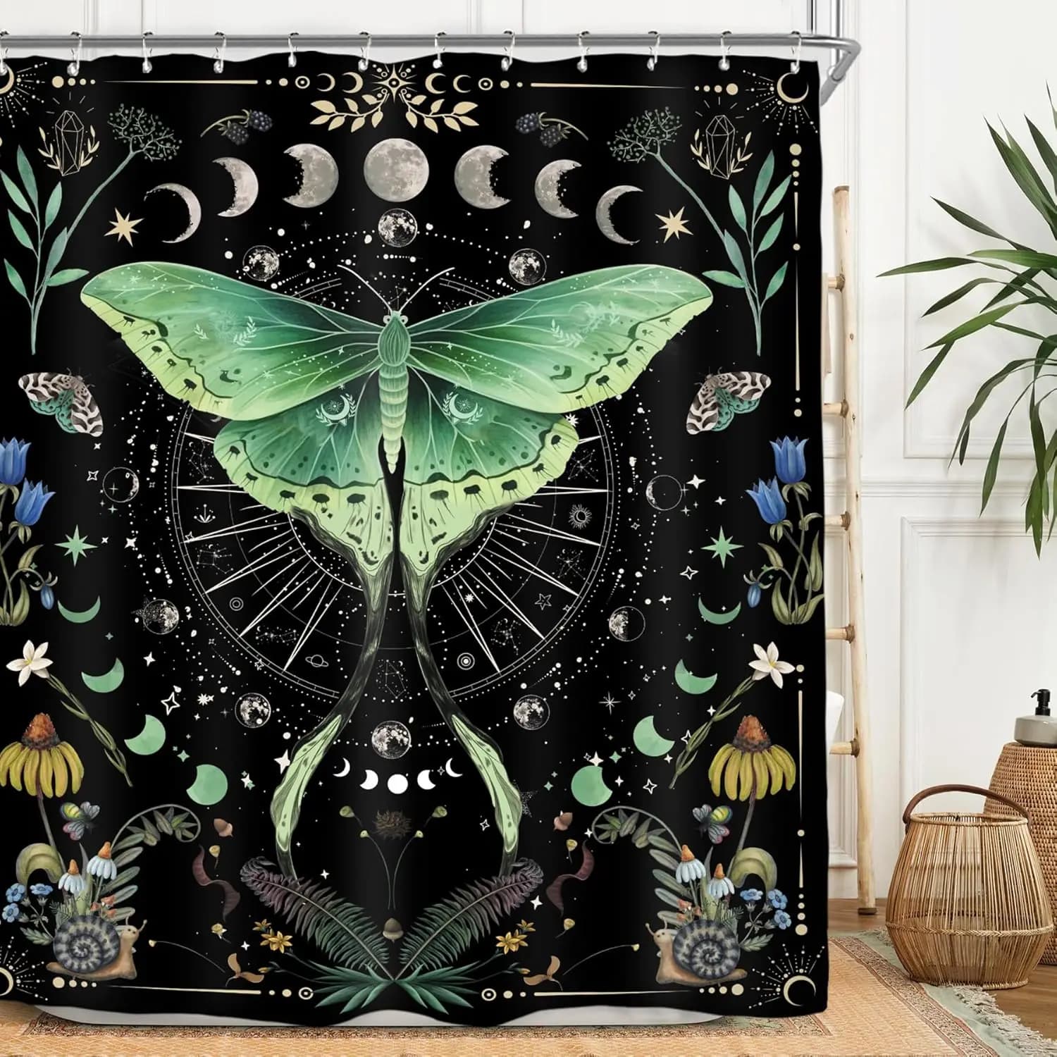 Boho Witchy Green Luna Moth Moon Phase Wildflower Celestial Print Shower Curtain Waterproof Anti Mildew Polyester Fabric With Fr