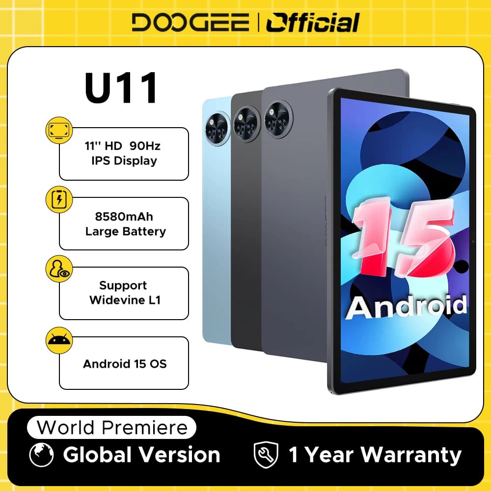 Versione globale DOOGEE U11 Tablet 16GB(4+12) 128GB 11" Display ultra trasparente 90Hz Octa-core 8580mAh Batteria Widevine L1 Android 15