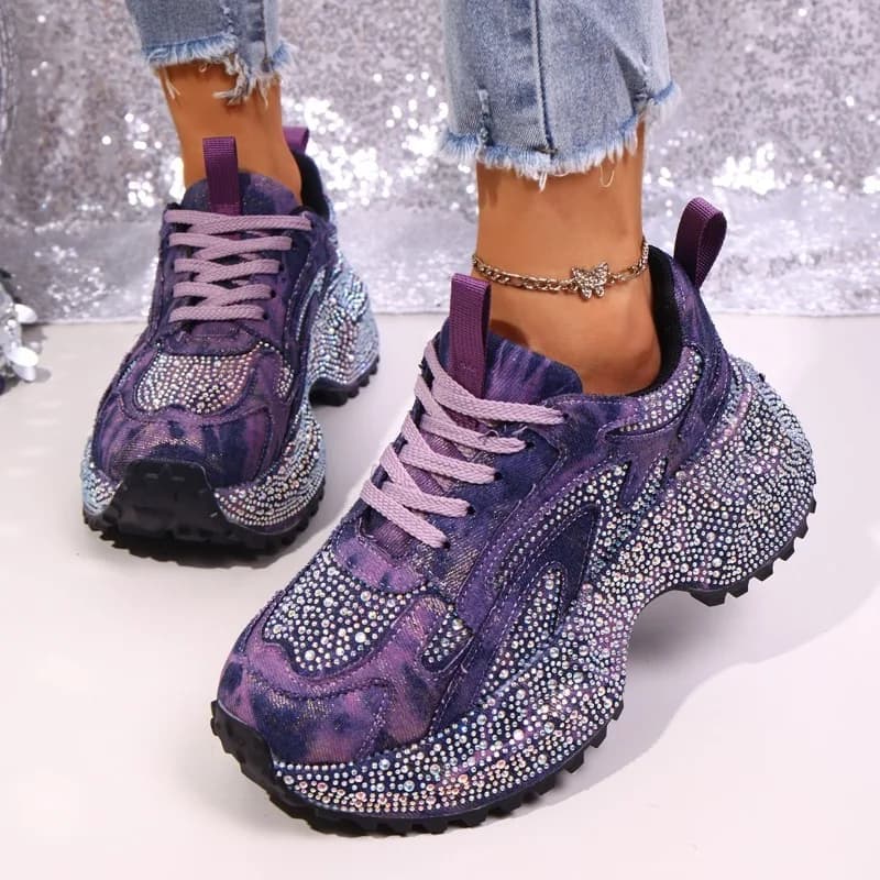 Sneakers basse con paillettes, alla moda, con punta tonda, stringate, con plateau, antiscivolo, comode, modello singolo