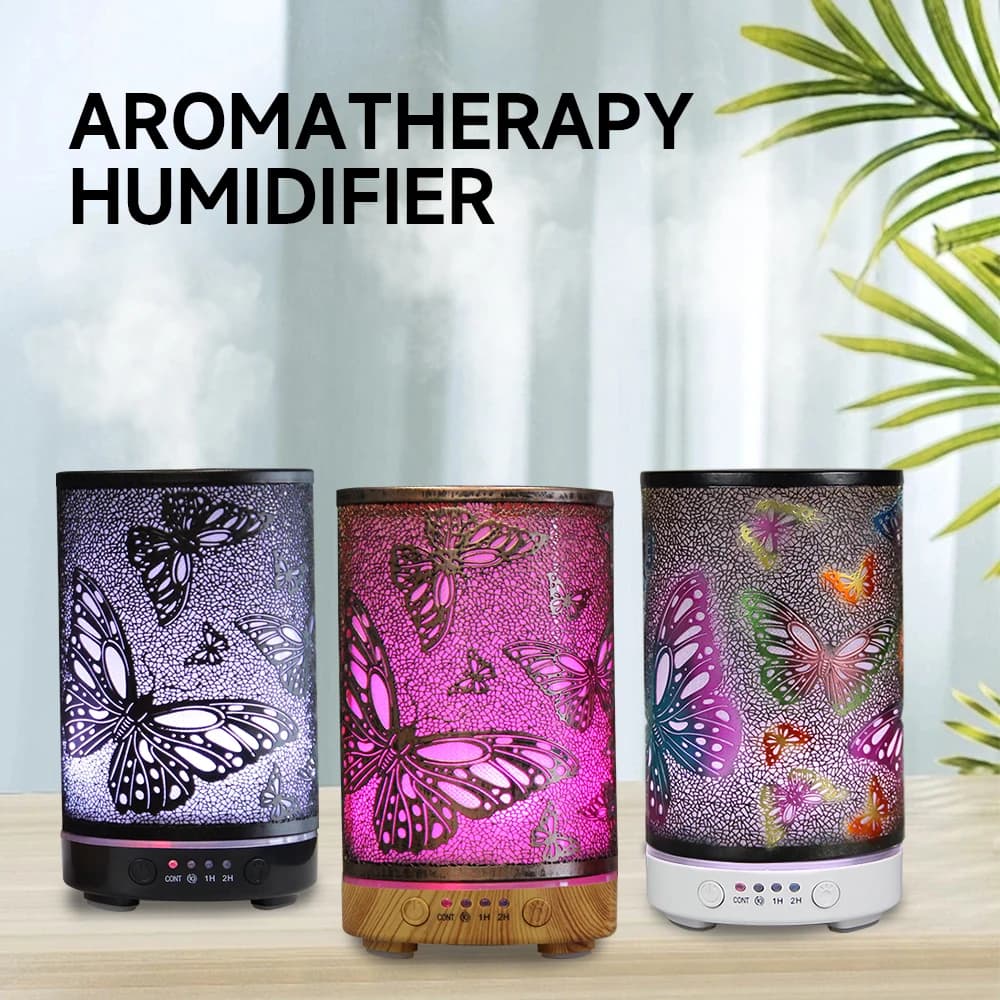 Diffusore di Fragranze da 100ml con Funzione Timer, Umidificatore d'Aria Elettronico a Ultrasuoni con Farfalle Colorate e Luci Notturne LED