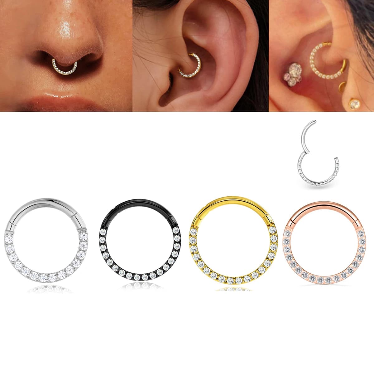 Anello al naso Segmento incernierato Orecchio Cartilagine Trago Orecchini Cerchio Setto Clicker Gioielli penetranti CZ Zircone Anelli al naso Regalo per le donne