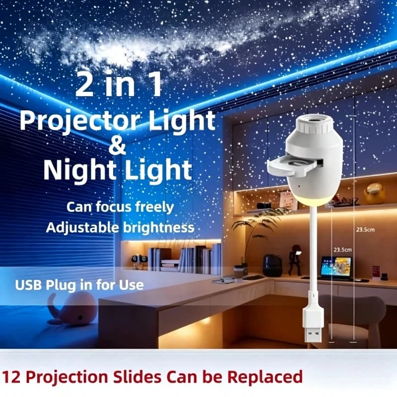 2-in-1 Usb Star Projector Night Light Dimmable Eye-care Bedside Lamp With Replaceable Slides Flexible For Bedroom Sleep & Decor