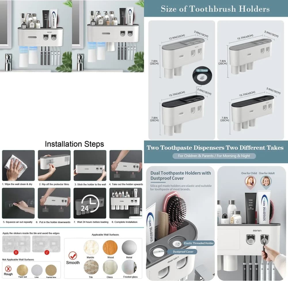 Portaspazzolino da parete con dispenser automatico di dentifricio, portaoggetti per organizer da bagno, per spazzole manuali elettriche