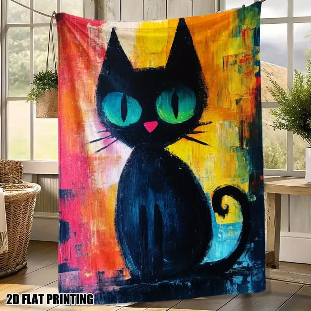 Painted black cat pattern Flannel printed blanket suitable for all seasons suitable for living room office sofa and travel