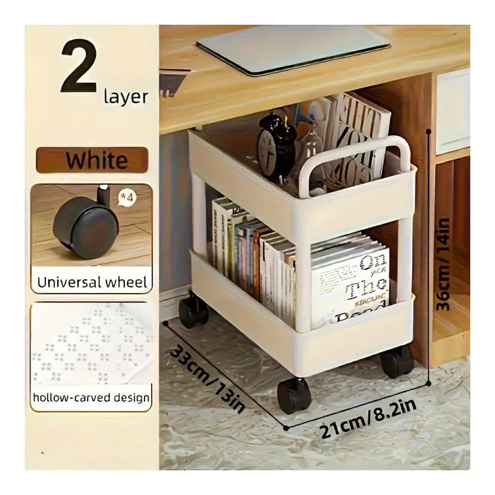 Scaffale portaoggetti a due livelli con ruote, in plastica resistente, per forniture da ufficio, snack, libri, organizer salvaspazio, mensola da scrivania per cucina e camera da letto