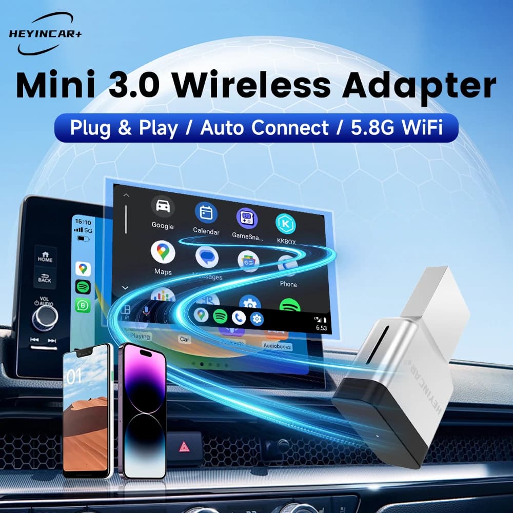 HEYINCAR Mini Adattatore Wireless 2 in 1 per CarPlay e Android Auto, Plug and Play, Connessione Rapida, Dongle USB/Type-C per Benz, Audi, Toyota